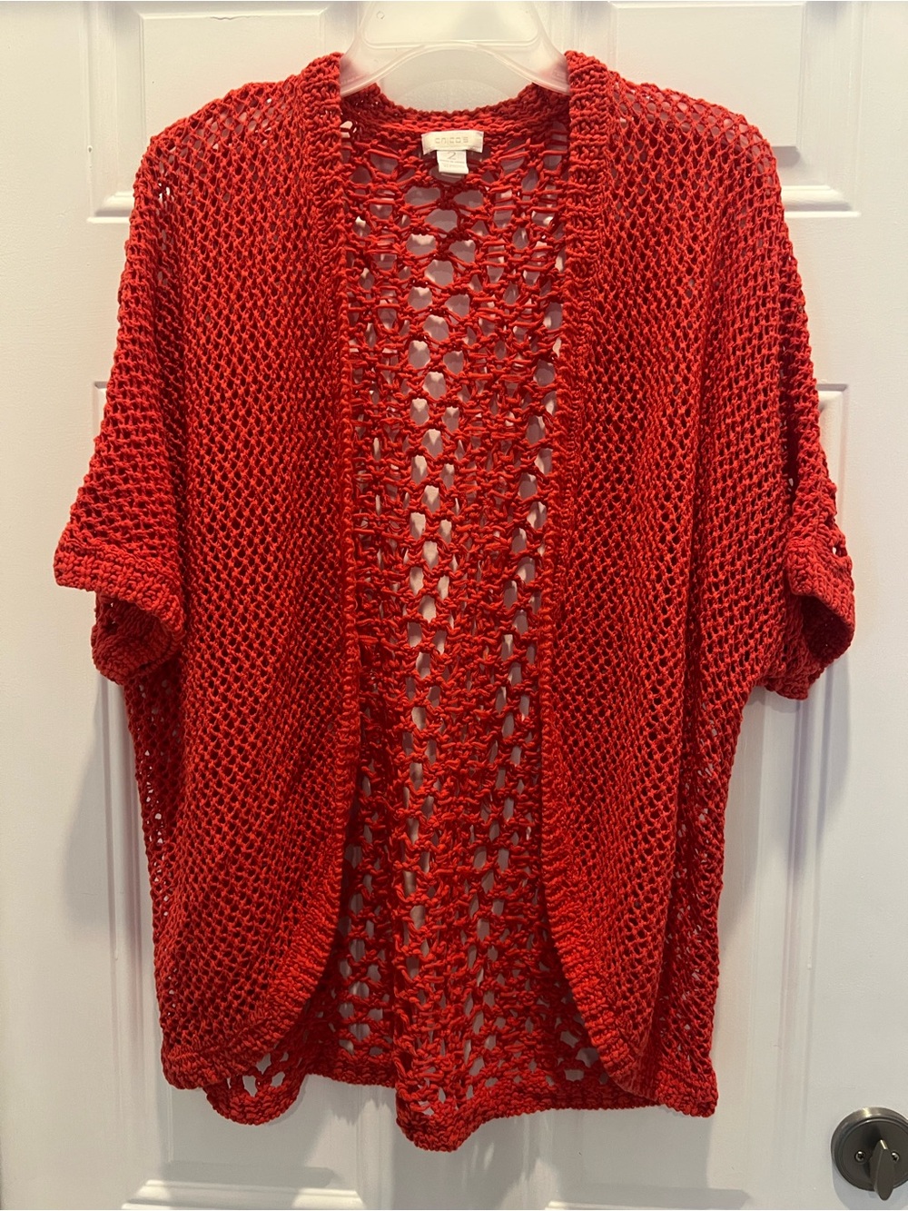Chico's Easywear Red Crochet Sheer Open Cardigan Size L (2) #860